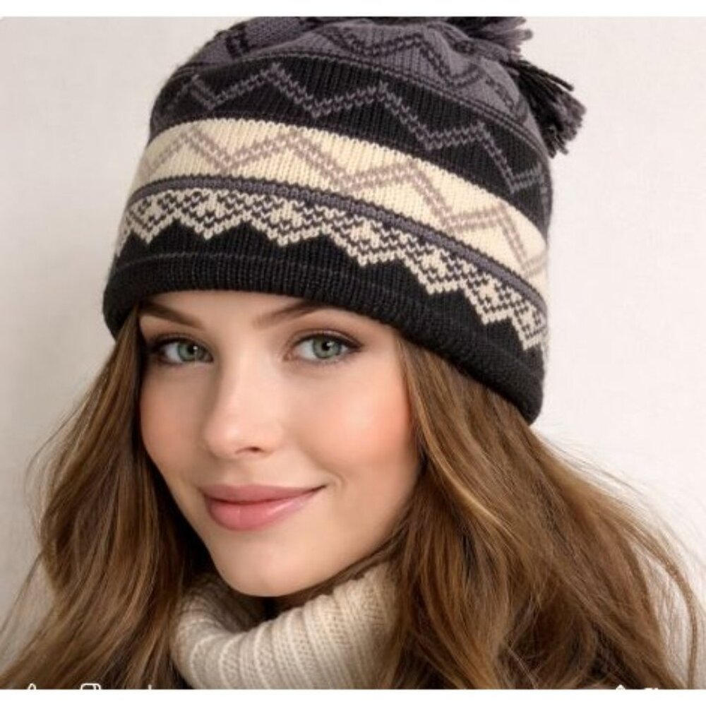 Knit Wool Pom Beanie Hat With Nordic Pattern - Black Gray & Cream - Made In Cana